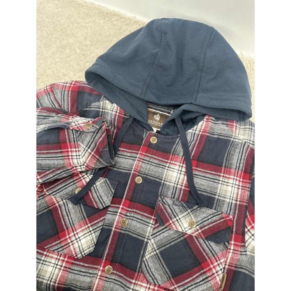 Legendary Outfitters Jacket Mens Large Red‎ Navy Plaid Hooded Quilted Flannel